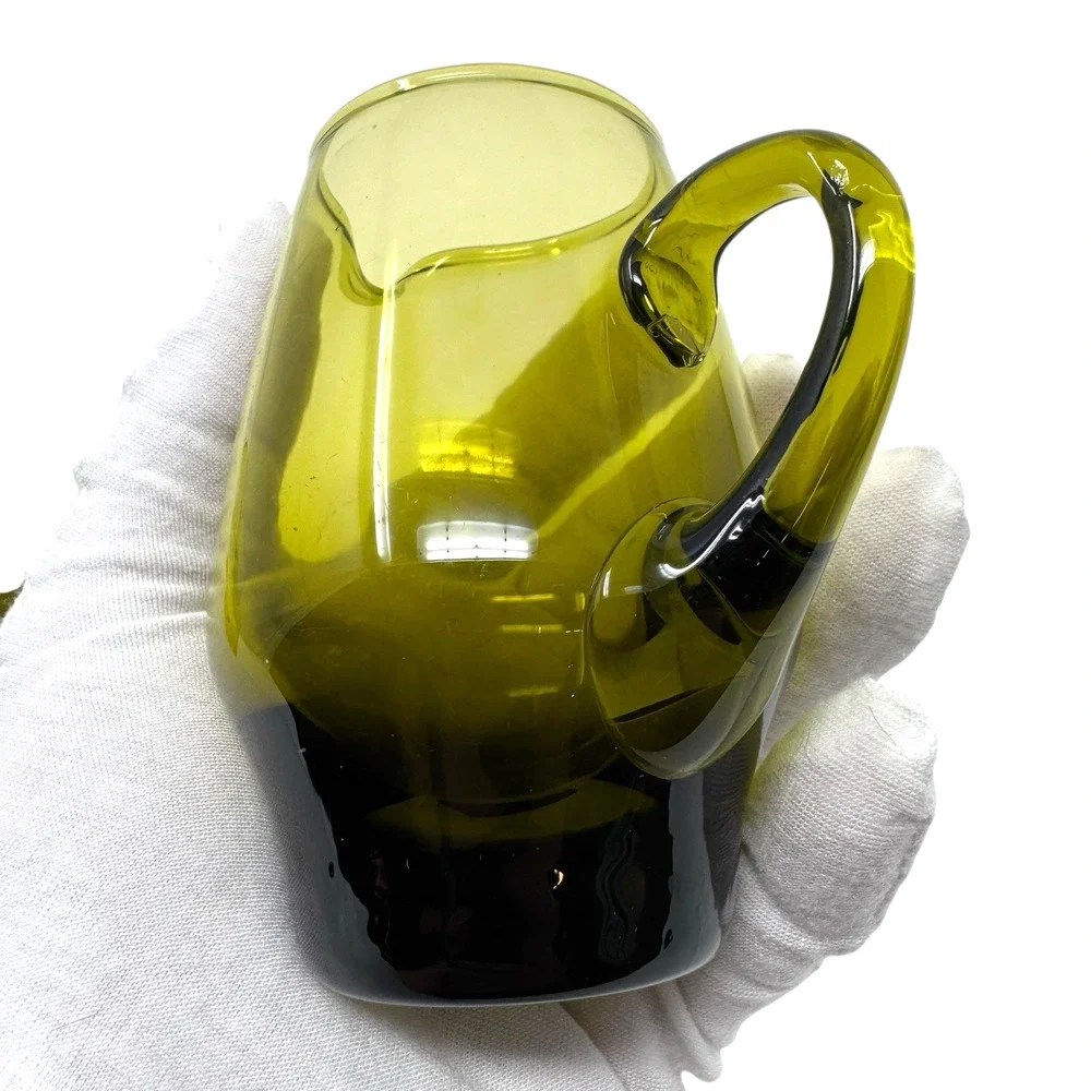 MCM Avocado Green Handblown Glass Pitcher & Cup Lot of 2 Mid Century Modern